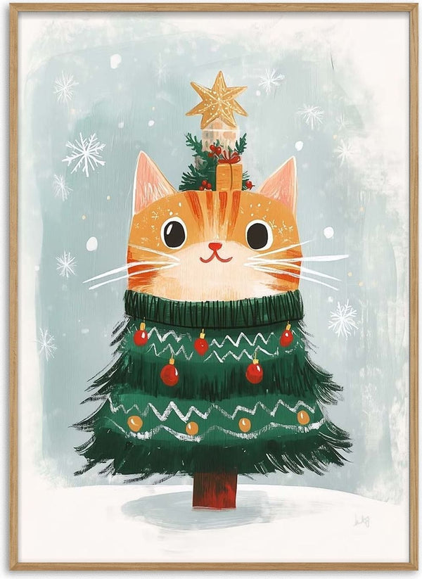 A festive orange cat dressed as a Christmas tree with ornaments and a star topper, featured for Santa Claws is Coming.