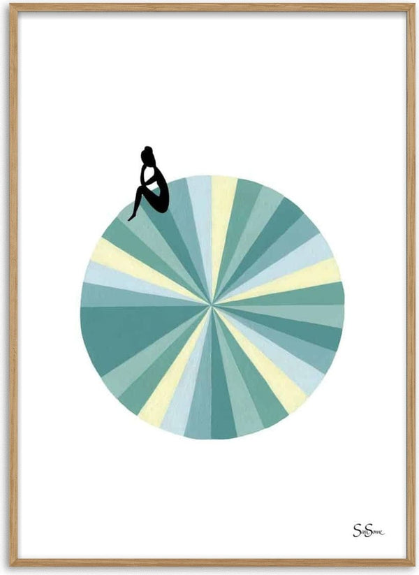 Minimalist blue Kunstposter showing a silhouette sitting atop a radial, pastel-colored circle.