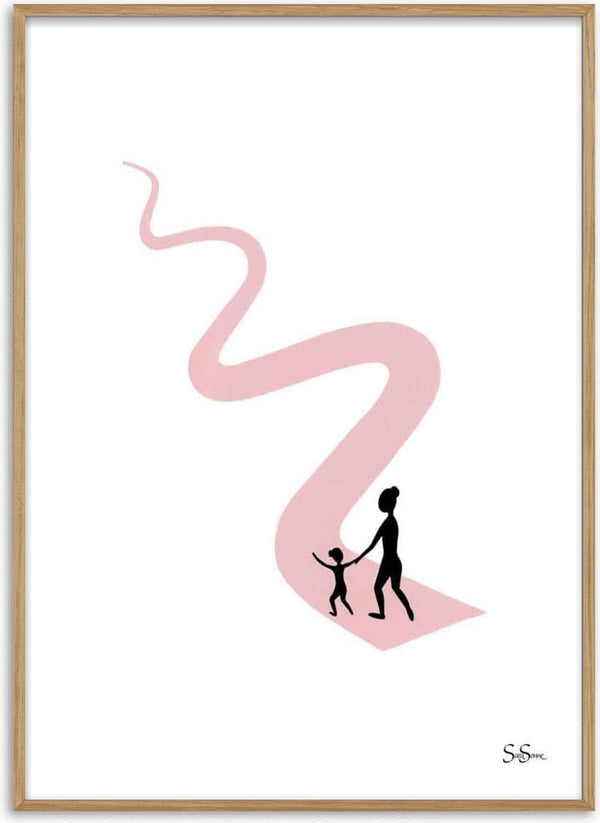 Minimalist poster of two figures walking hand in hand on a winding pink path, by Sara Sonne, titled Wu Wei.
