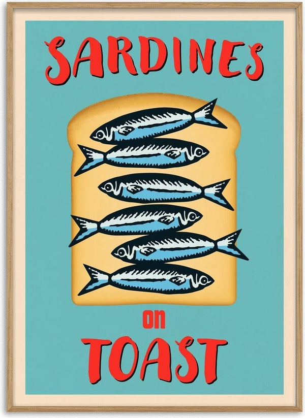 Colorful wallchart featuring six illustrated sardines on a slice of toast with bold “Sardines on Toast” text.