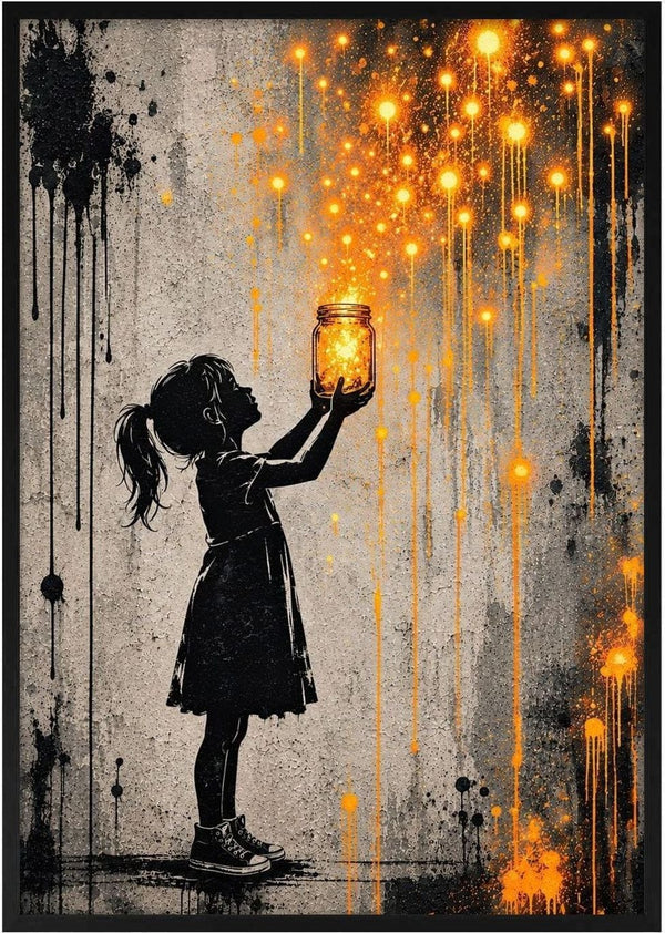 Set Them Free by Matthews Gallerie — a black stencil girl releasing glowing orange lights from a glass jar on a concrete wall