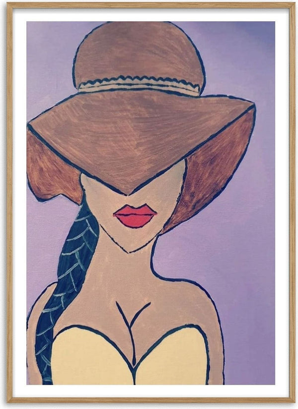 Shaded Allure by Bibi - a woman under a wide brown sun hat against a soft lavender ground