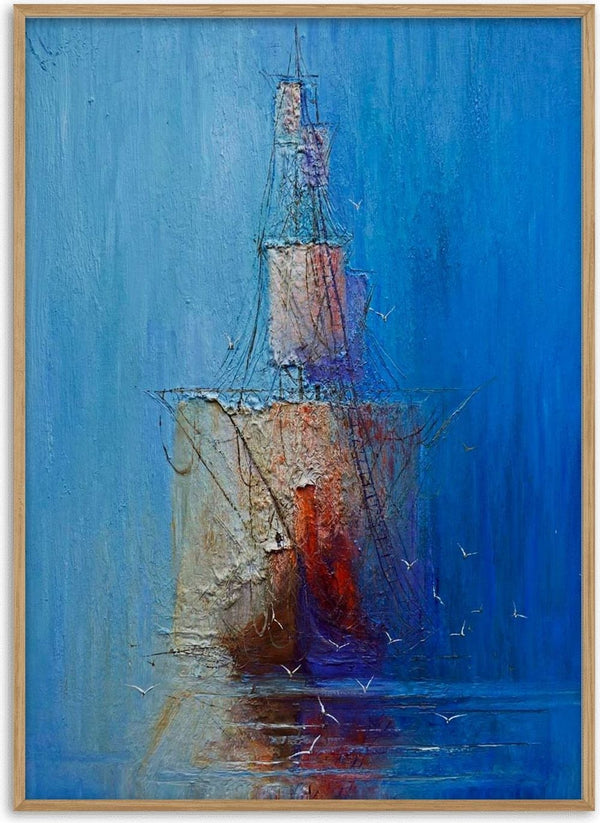 Impressionist painting of a ship on calm water against a textured blue background by Justyna Kopania.