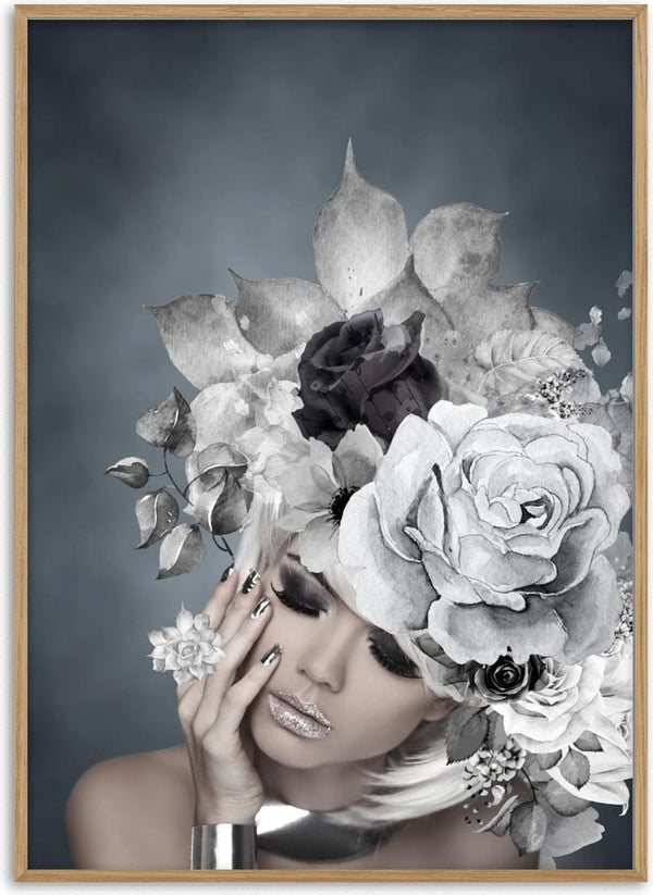 Woman with closed eyes wearing a headpiece of large silver flowers, featured on the Silver flowers 2 poster.