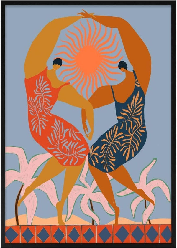 Two women in patterned dresses dance together under a radiant sun, symbolizing unity and sisterhood.