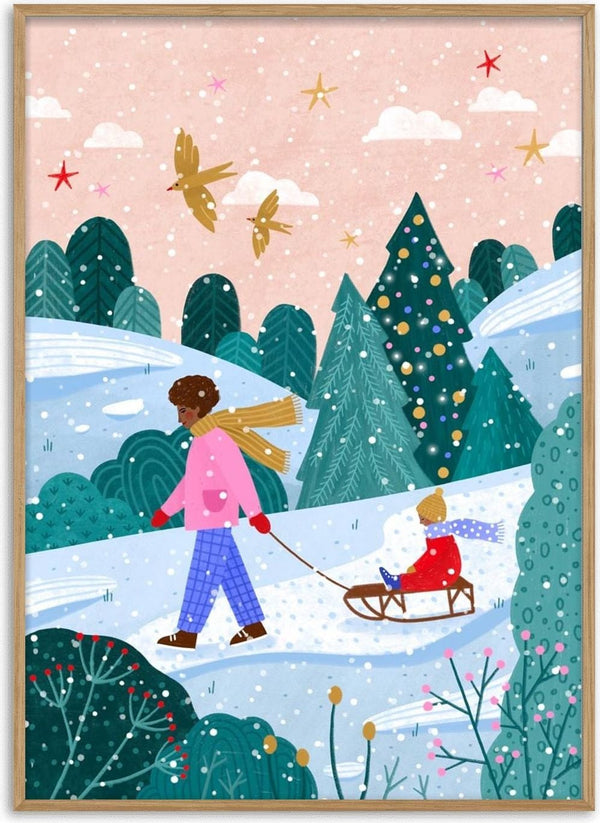 Illustration of an adult pulling a child on a sledge through snowy hills, trees, and falling snow.