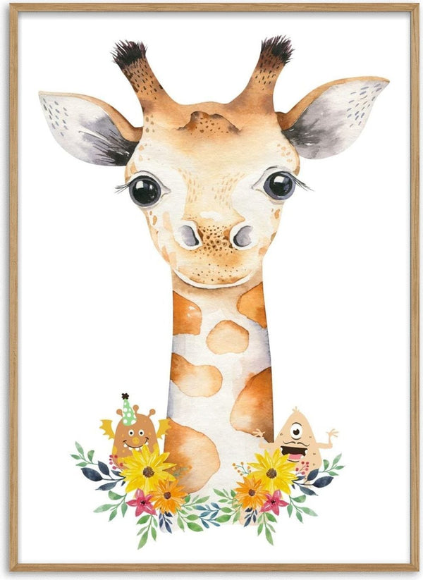 Cute illustrated giraffe with big eyes, surrounded by colorful flowers and playful cartoon animals for children's decor.