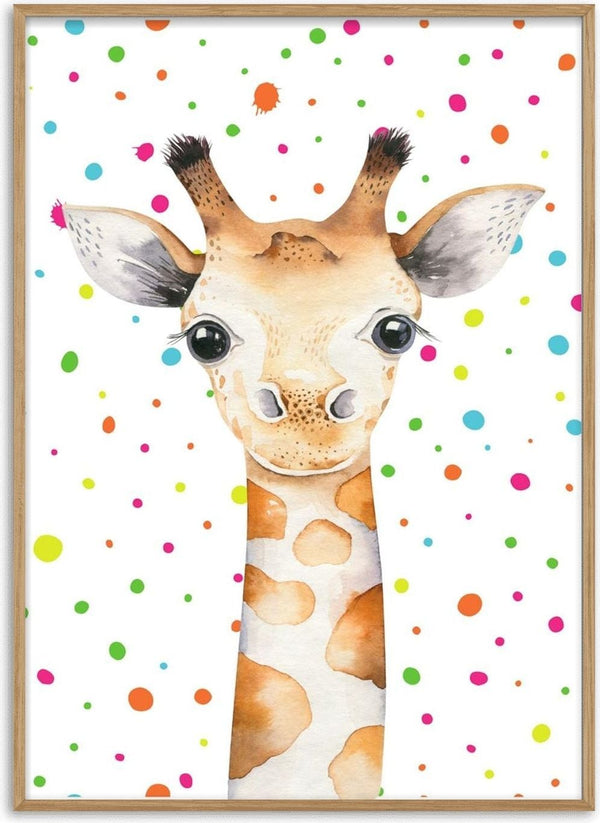 Cute giraffe illustration with colorful polka dots, perfect for a children's room poster.