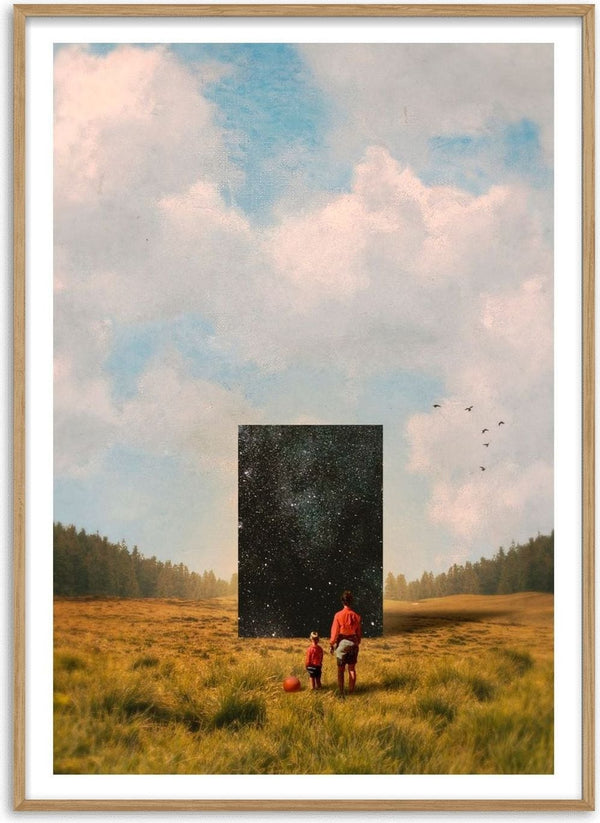 Son, this is the Universe by Fran Rodriguez - a woman and child before a starry monolith in a golden field