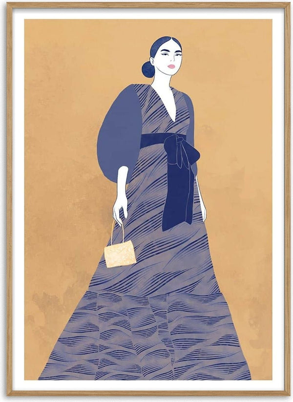 Illustration of a woman in a patterned blue dress holding a small bag, featured on Soul Of Freedom - Elara Monet page.