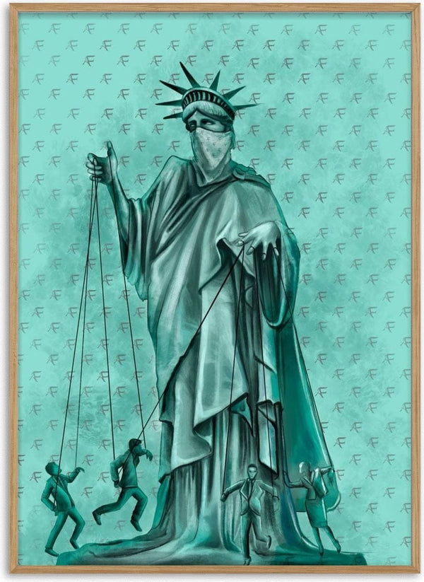 Artistic Statue of Liberty poster with marionette figures, ideal wall art for the living room.