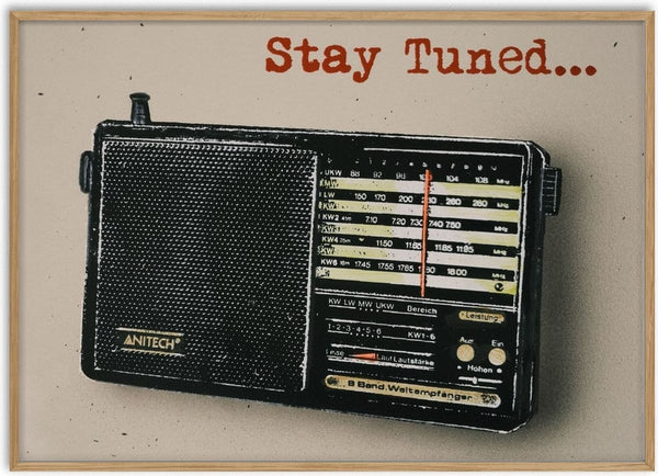 Stay Tuned by Carl Smith ART - a black vintage world band radio with a red tuning needle