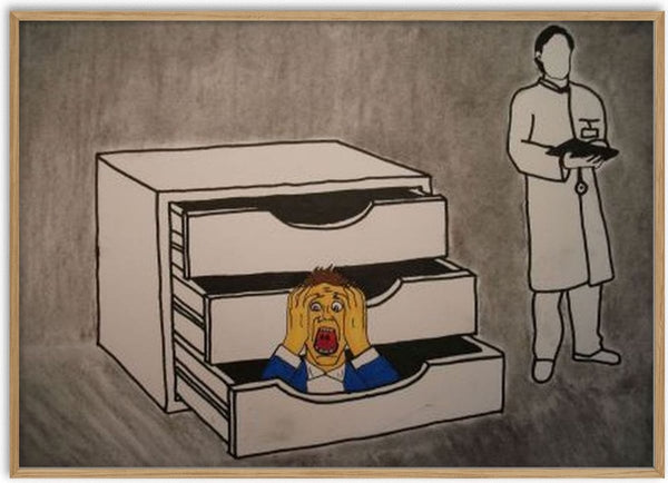 Störung und Befreiung by Olaf Baier - a screaming man in a filing cabinet drawer beside a figure in a white coat