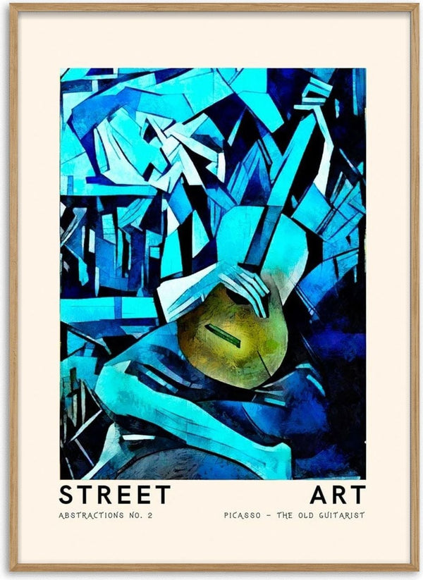 Abstract blue-toned street art poster inspired by Picasso’s The Old Guitarist, featuring geometric shapes and a guitar.