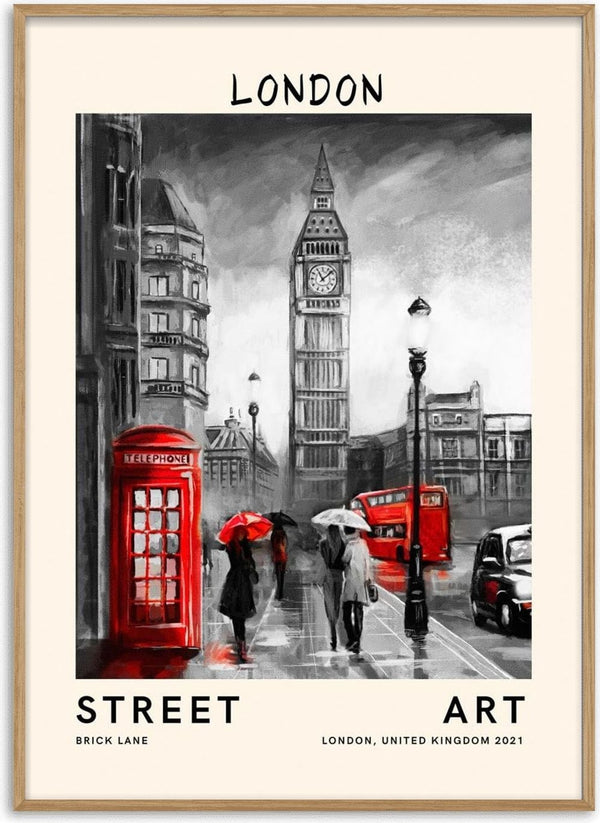 Illustration of London street with Big Ben, red bus, phone booth, and people with umbrellas; Street Art poster.