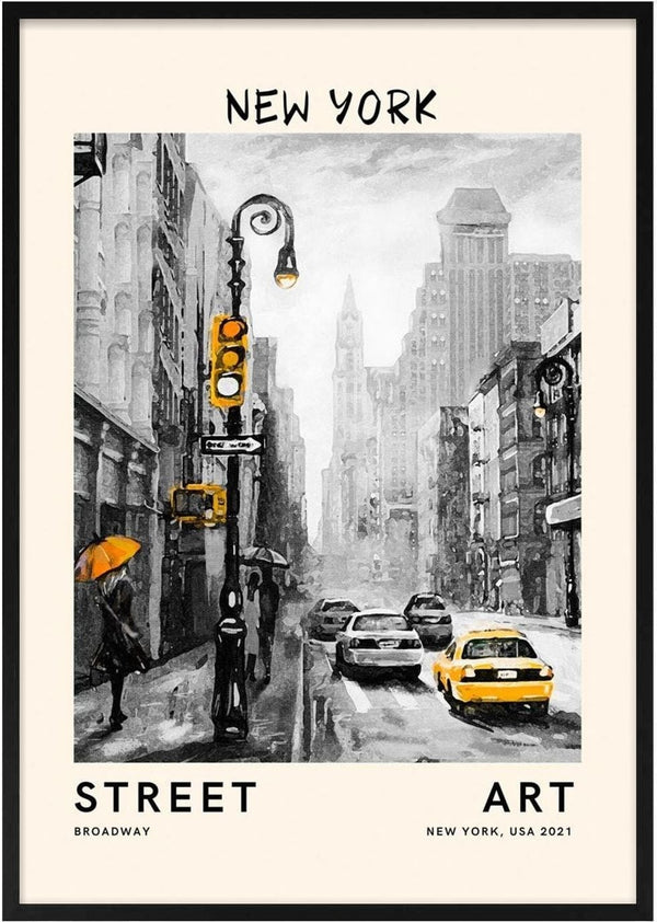 Black-and-white city street with yellow taxi and traffic light, New York Street Art poster.