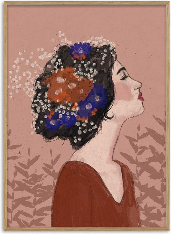 Profile of a woman with flowers in her hair, set against a muted pink background. Summer Night -Treechild art.