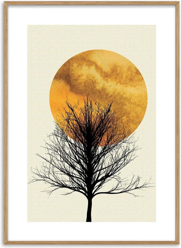 Minimalist poster of a solitary tree silhouette against a large, golden sunrise in the background.