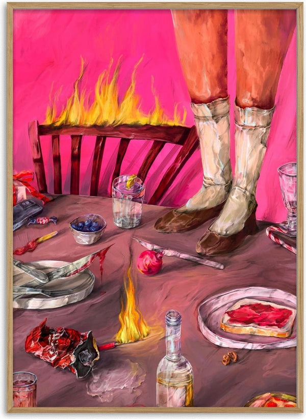 Surreal Burning Table by Natascha Baumgärtner – legs on a breakfast table with flames and a bloody knife