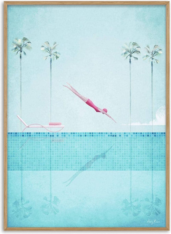 Minimalist art print of a swimmer diving into a turquoise pool, with palm trees and a lounge chair in the background.