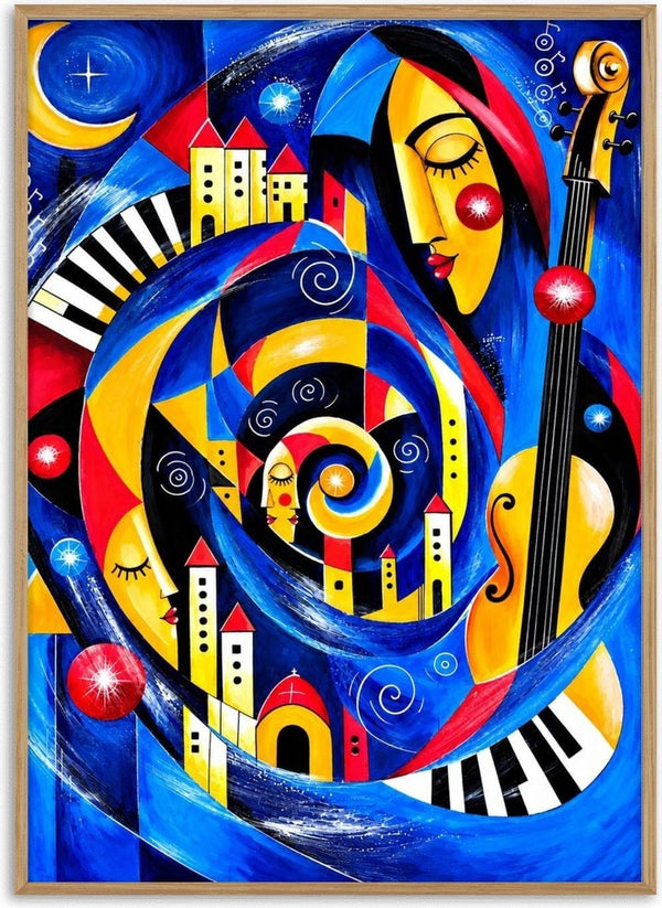 Symphony of Dreams by Andreas Gerlach - a blue spiral of houses, piano keys and sleeping faces