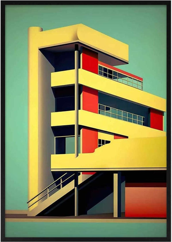 Modern three-story Bauhaus-style building with bold geometric forms and colorful facade, product: Tall Bauhaus.