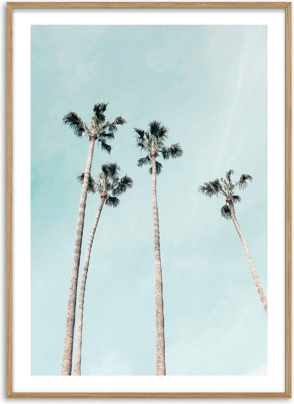 Tall palm trees against a pale blue sky, featured on the Tall Palms Plakat product page.