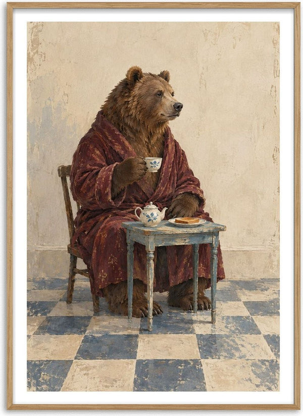 Tea Before Noon by Matthews Gallerie - a bear in a red dressing gown having tea and toast