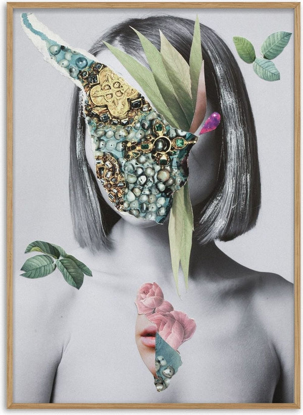 The color of fresh roses by Rocio Montoya - portrait with a face of teal jewels, leaves and a pink rose