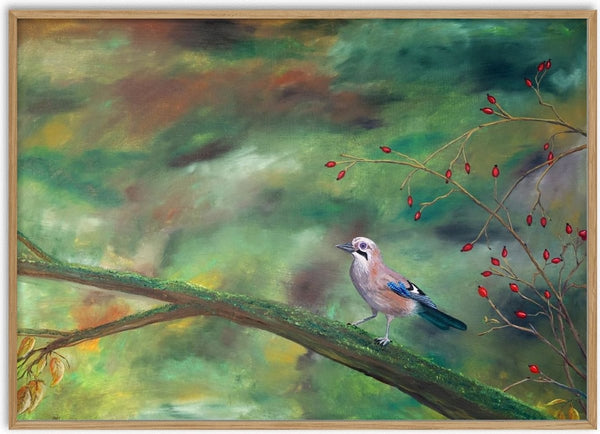 The Eurasian Jay by Juergen Duerrmann - a jay on a branch beside red berries in soft green woodland