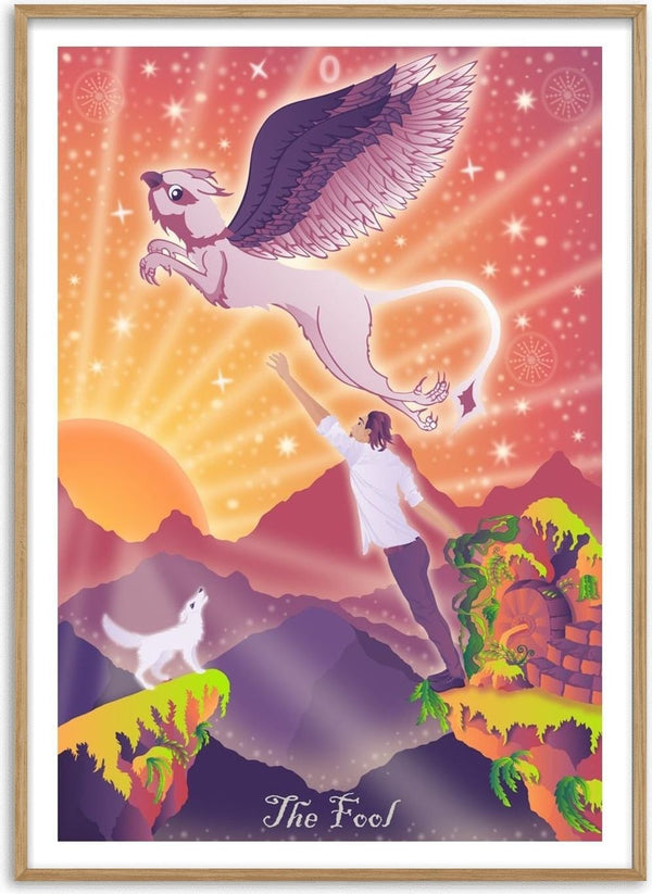 The Fool by Sciurus tarotus - a young man reaching for a winged griffin above violet mountains at sunrise