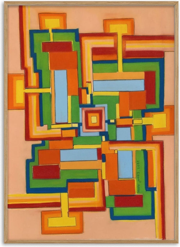 The Four Corners by Gerard Ceulemans - geometric pastel abstract of orange, green, red and blue rectangles around a central square