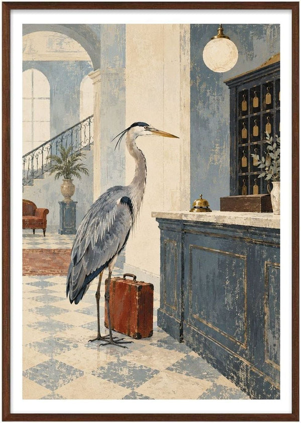 The Heron Checks In by Matthews Gallerie - a grey heron with a suitcase at an old hotel reception desk