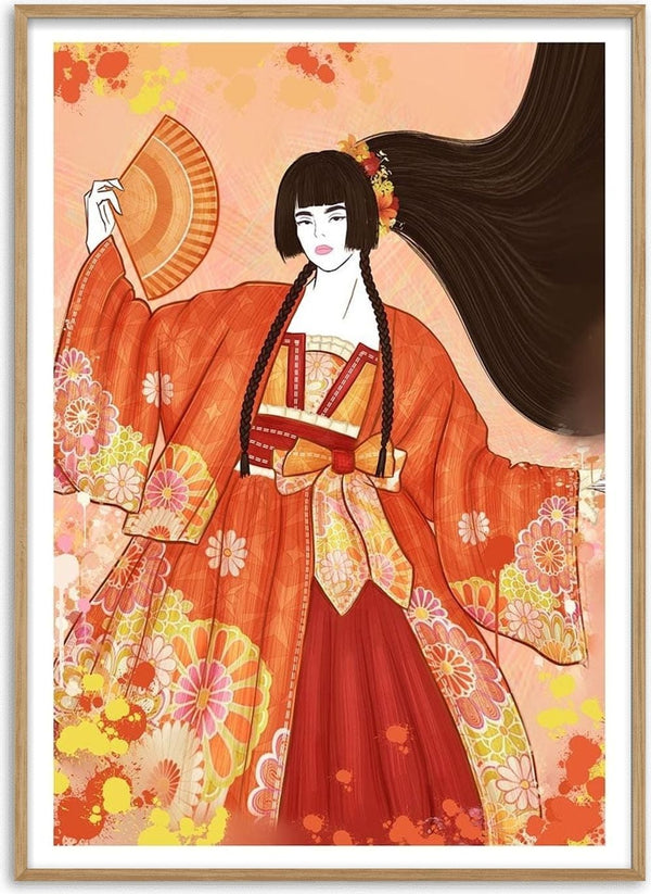 Illustration of The Japanese Geisha - Kate Aitana in a vibrant kimono, holding a fan with floral patterns.