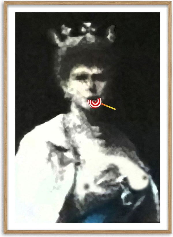 The Midnight Queen by Bent Hardervig - a crowned figure with a striped lollipop on a dark grainy ground