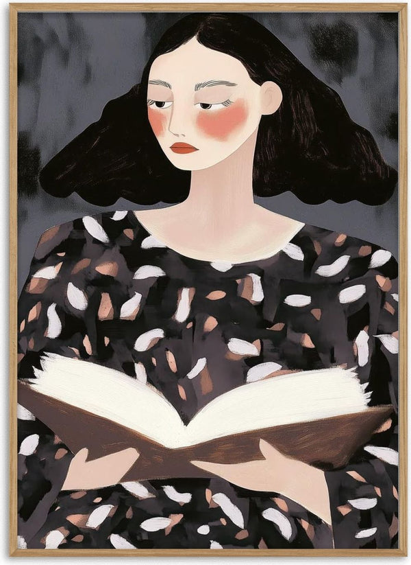 Illustration of a woman with dark hair reading a book, featured on The Reader by David Wolf product page.