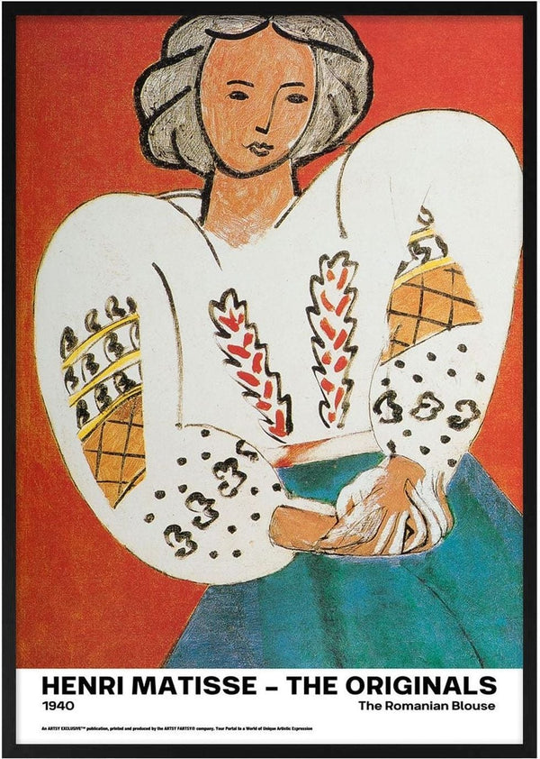 Painting of a woman in a white Romanian blouse with embroidered patterns, inspired by Henri Matisse's style.