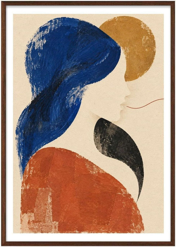 The Shape of Silence by Matthews Gallerie - an abstract profile in blue, ochre and rust on cream