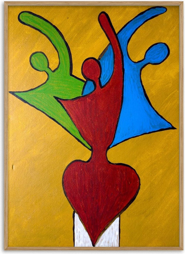 The Synthesis of Sel by Bibi - three interlocked figures in green, red and blue on yellow