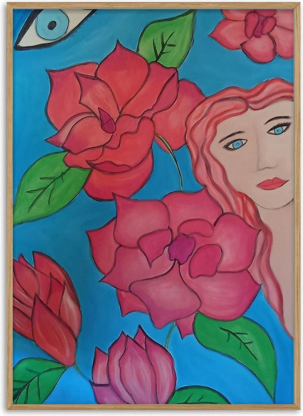 The watching Eye by Carmen Coduri - a woman among large pink roses on bright blue with an eye in the corner