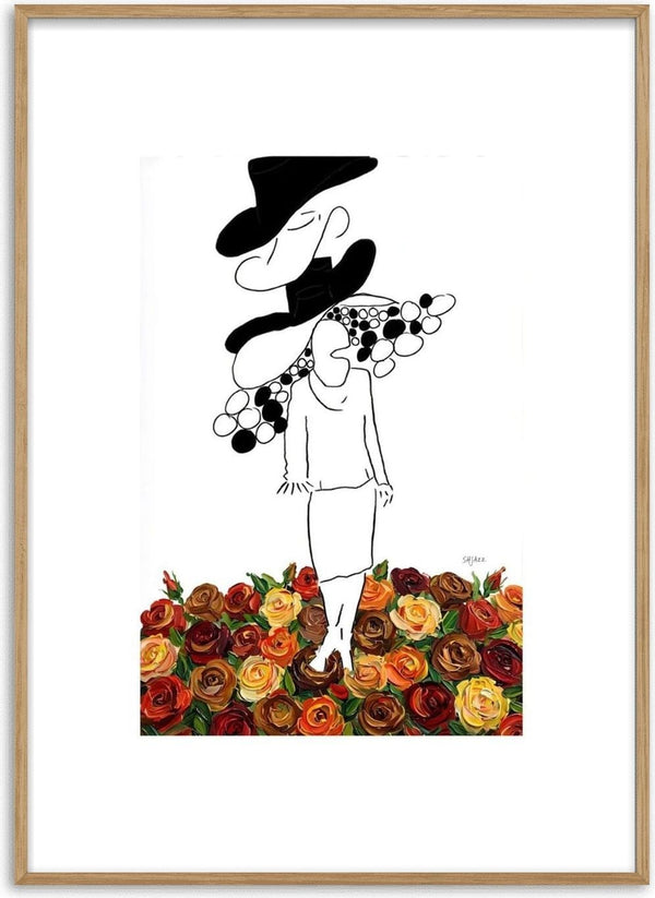 The weight of the world by Madame Petit - a black line figure with a dark load standing in painted roses