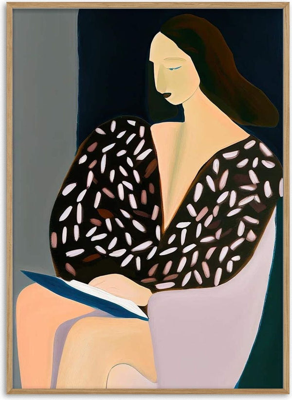 Abstract painting of a woman with dark hair sitting and reading, featured on the Think Of Never - David Wolf product page.