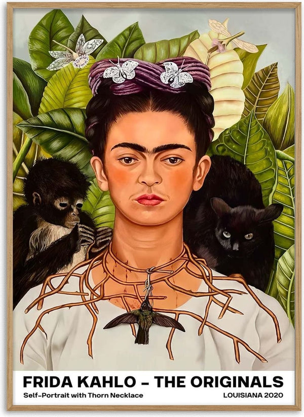 Frida Kahlo with a thorn necklace, butterflies in her hair, and surrounded by lush leaves, a monkey, and a black cat.
