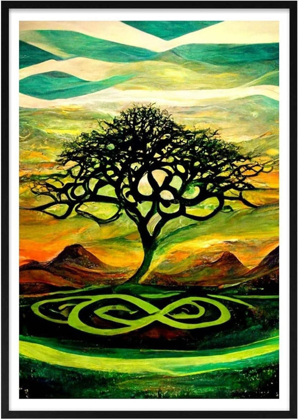 Art print of "Tree of Life Green" by Thomas Nordentoft, featuring a stylized tree with Celtic knot patterns.