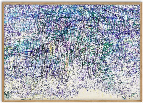 Usual Landscape by Priit Ruttas - a landscape drawn in dense blue, green and violet ballpoint strokes