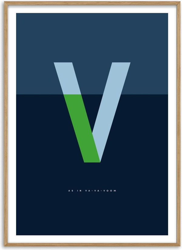 V as in Va-va-voom – Blue by Quite Nice Prints - a pale blue capital V with a green stroke on navy
