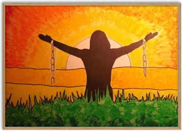 Vergebung by Olaf Baier - a silhouetted figure with broken chains and open arms at sunset