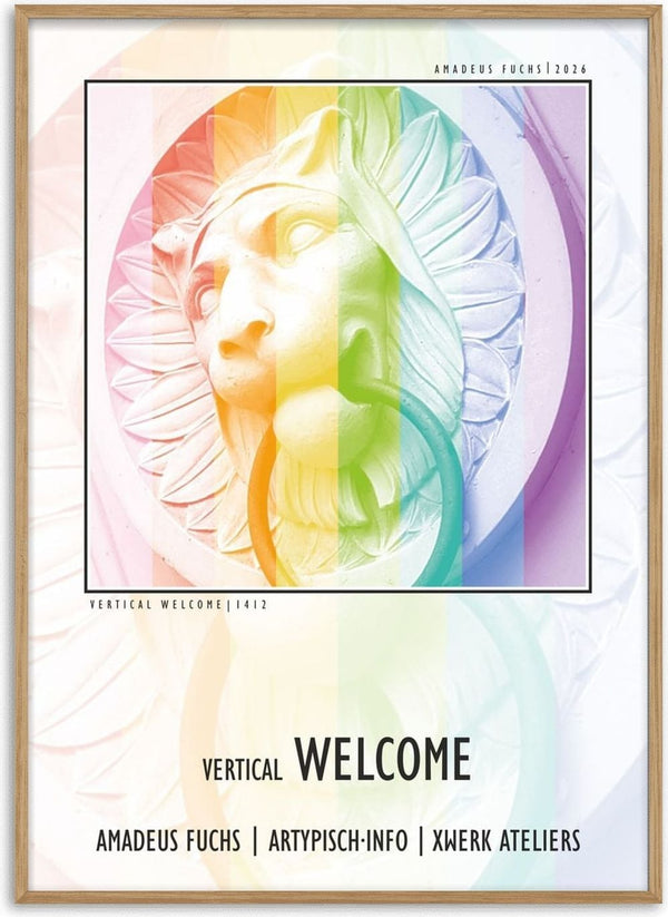 Vertical Welcome - Serial Signal by Amadeus Fuchs - a stone lion door knocker under vertical rainbow bands