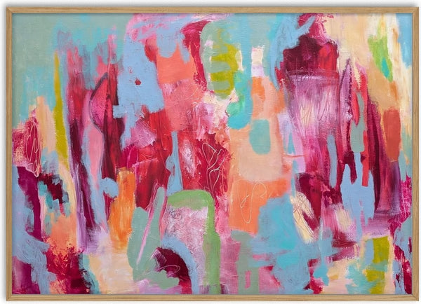 Warmth by Janet Bell - crimson, coral and hot pink laid across pale blue, mint and cream