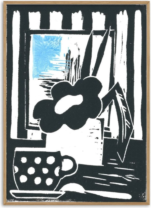 Was der Löffel nicht sah · What the Spoon Did Not See by ELIZA Leopold - black and white print of a polka-dot cup and spoon before a mirror